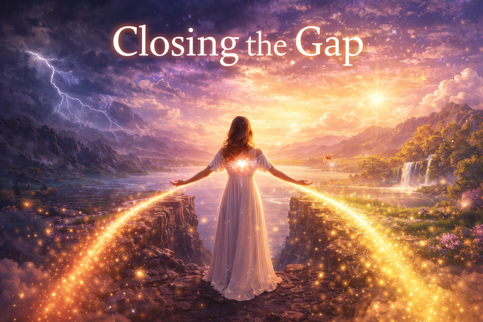 Spiritual featured image for a blog post about closing the gap with the Law of Attraction and aligning with what you want