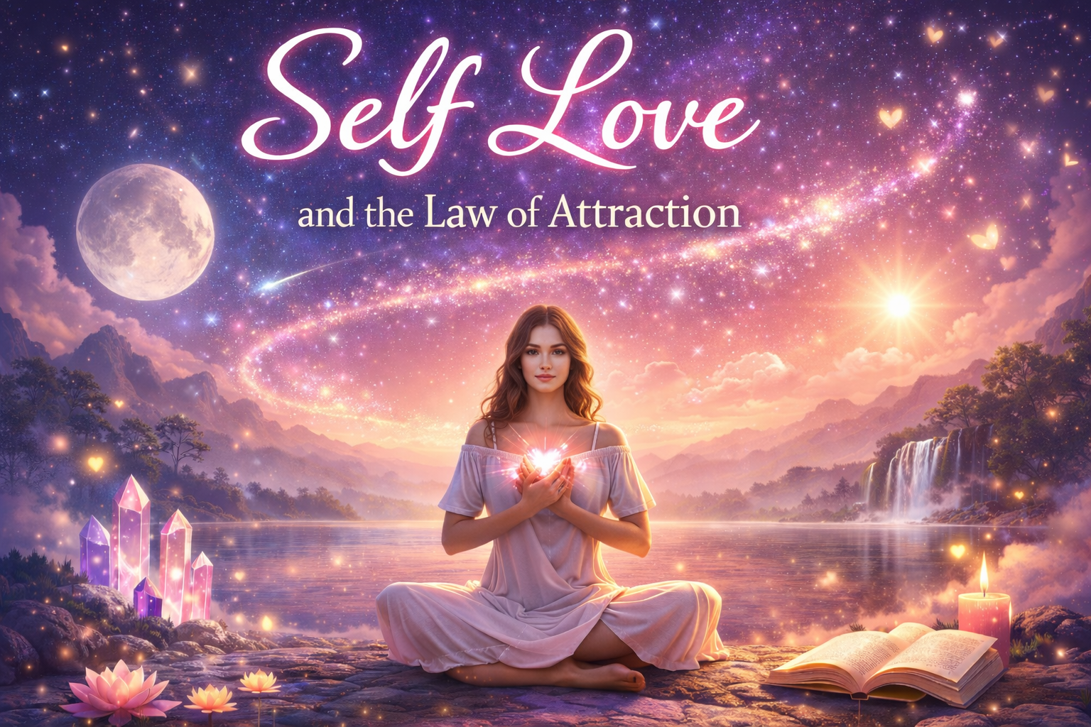 Woman holding glowing light at her heart in a spiritual CGI scene for a self love and Law of Attraction blog post