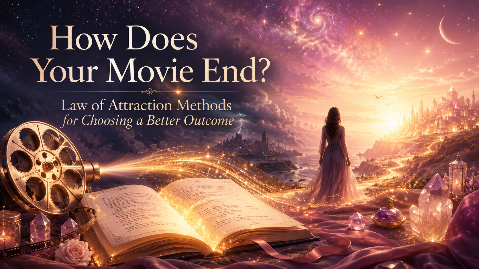 Spiritual CGI landscape with an open glowing book, film reel, and woman facing a radiant city for a blog post about choosing a better outcome with Law of Attraction methods